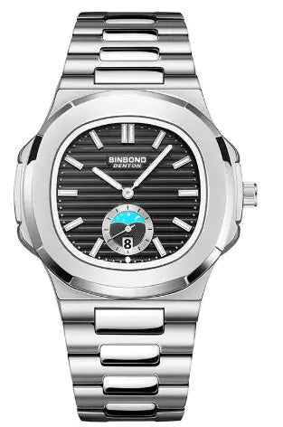 Silver watch with black face and blue accents on a white background