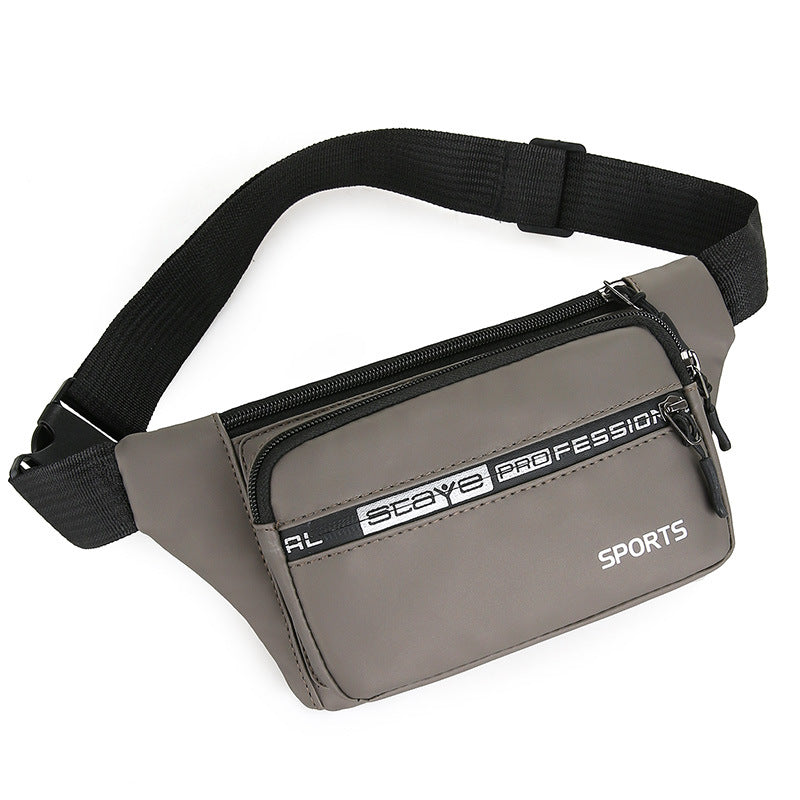 Gray waist bag with black strap on a white background