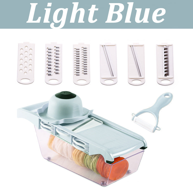 Multifunctional kitchen tool with various attachments on a light blue background