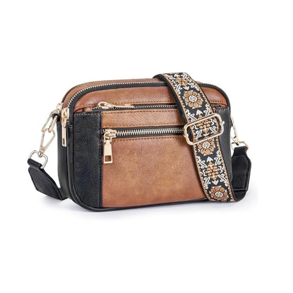 Floral Embroidered Crossbody Bag - Triple-Zip Colorblock Shoulder Bag for Women
