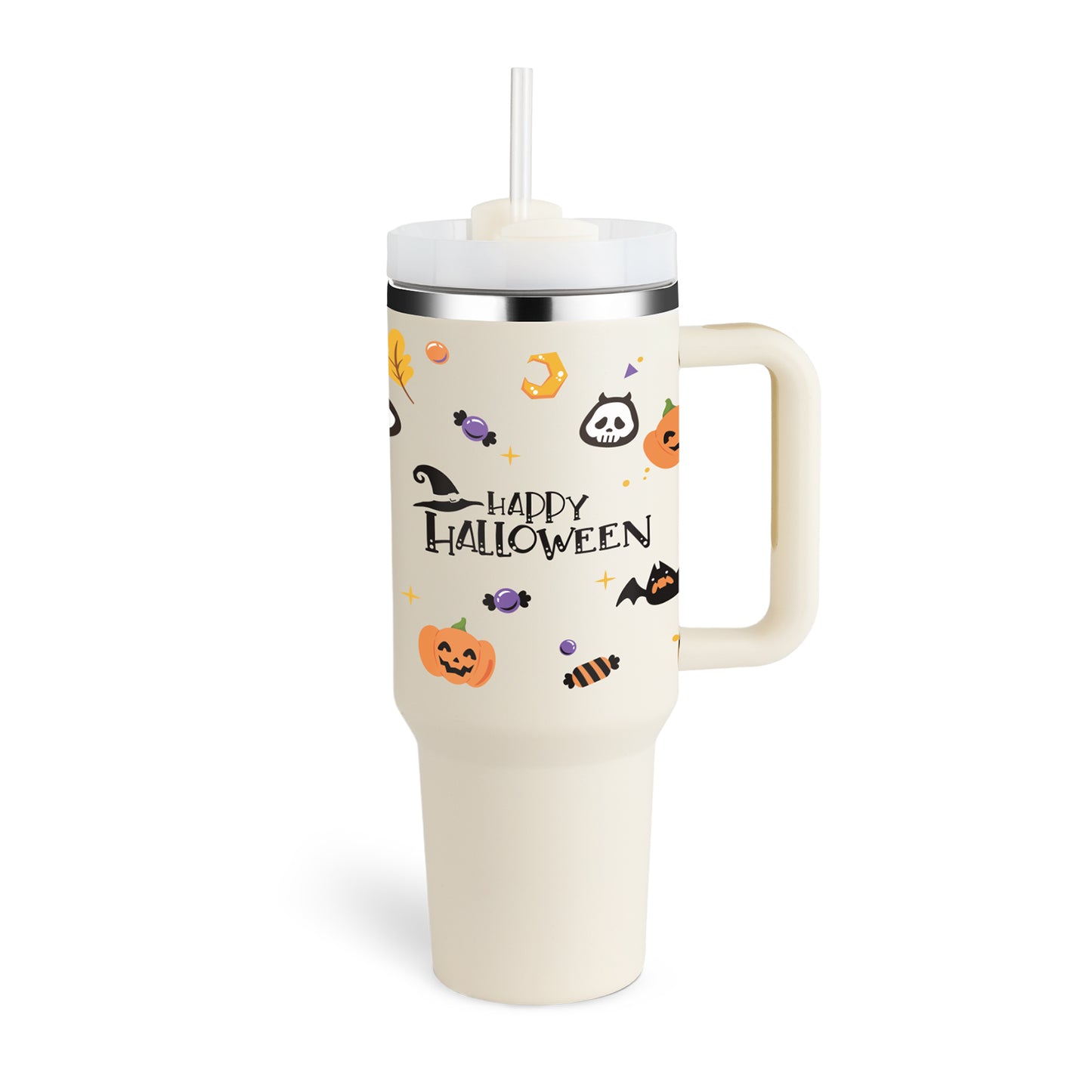 Halloween-themed tumbler with handle and straw on a white background