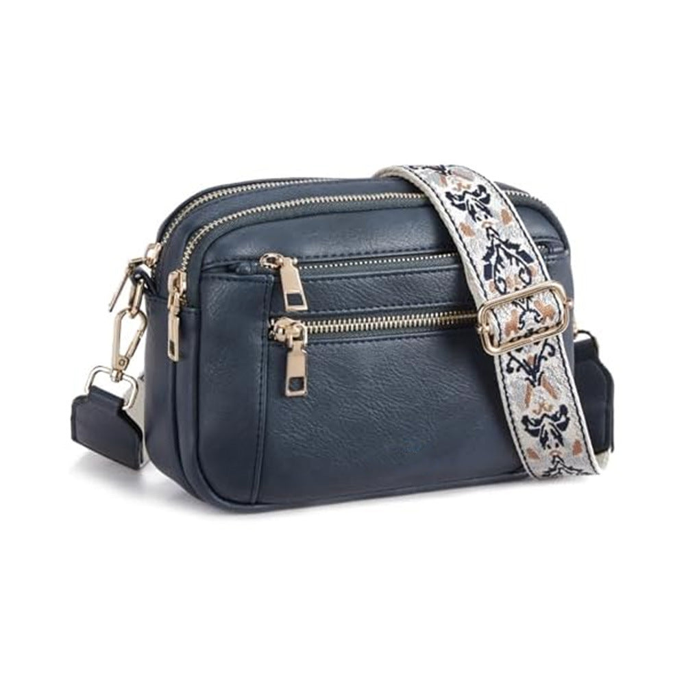 Floral Embroidered Crossbody Bag - Triple-Zip Colorblock Shoulder Bag for Women