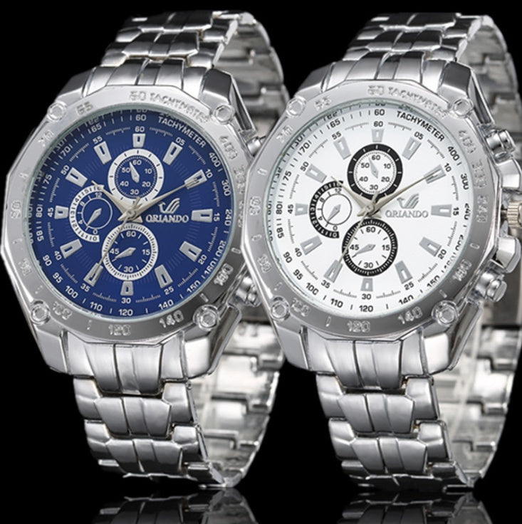 Two watches with blue and white faces on metallic bands against a black background