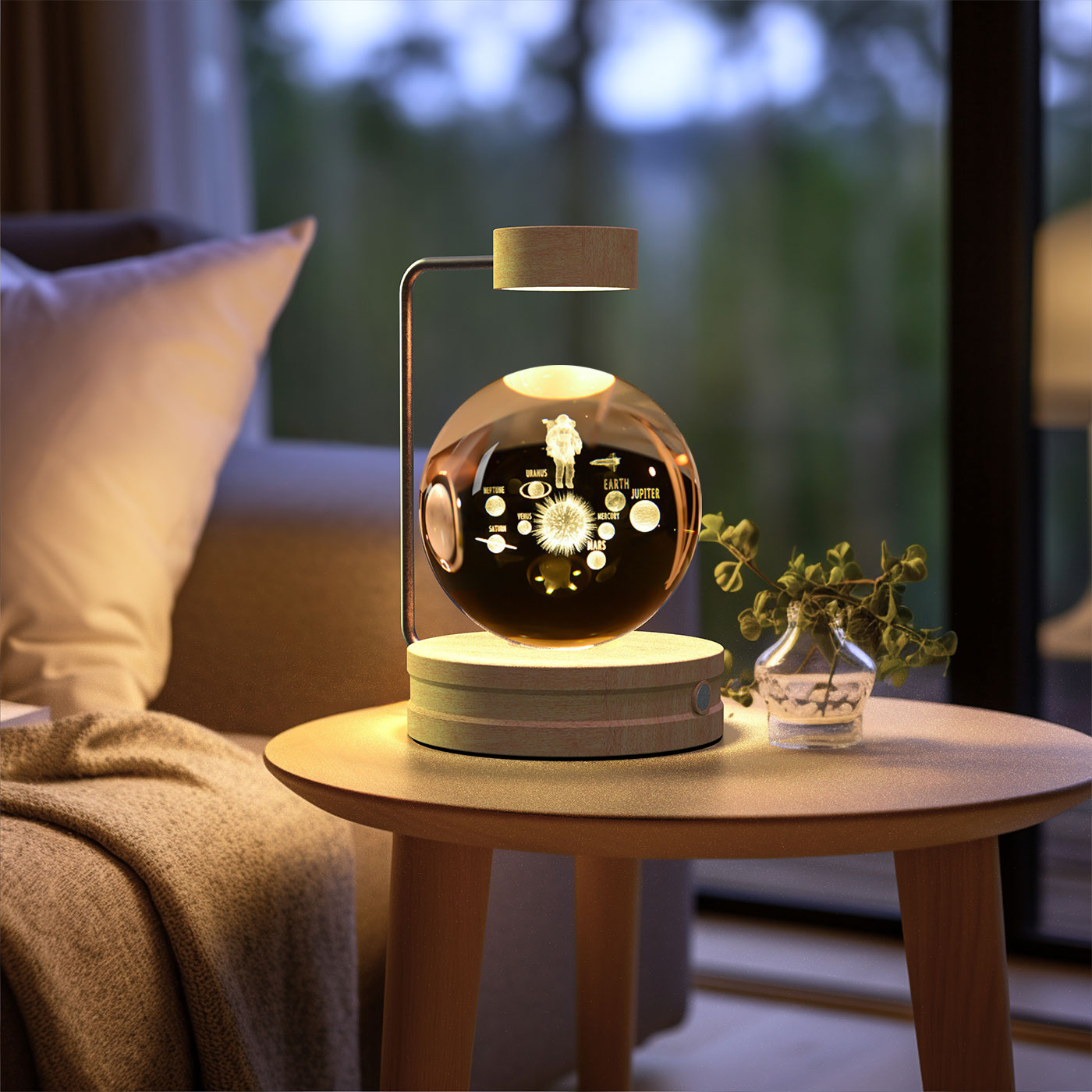 Modern decorative lamp on a small round table in a cozy living room.