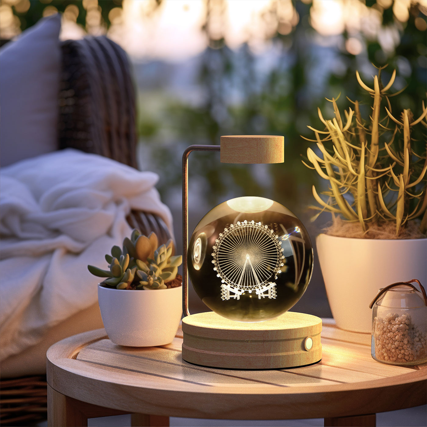 Decorative lamp with a Ferris wheel design on a wooden table outdoors.