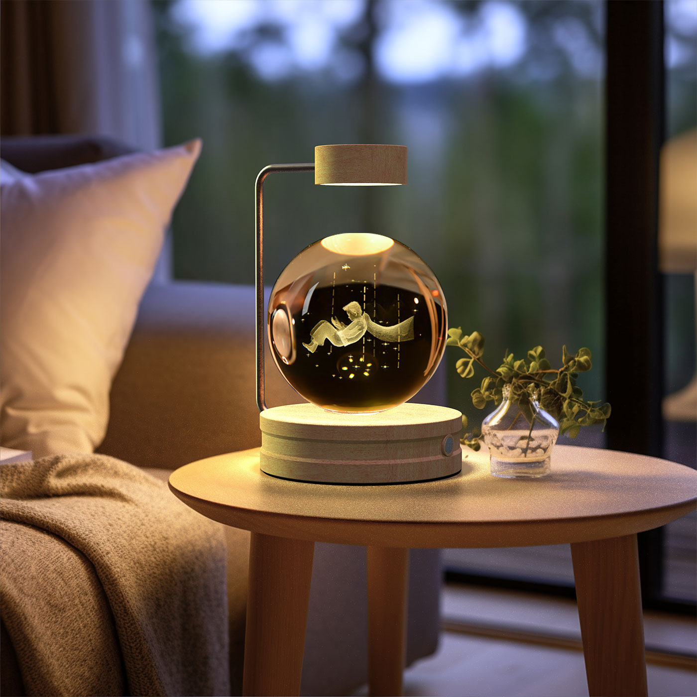 Decorative lamp on a small table with a blurred background
