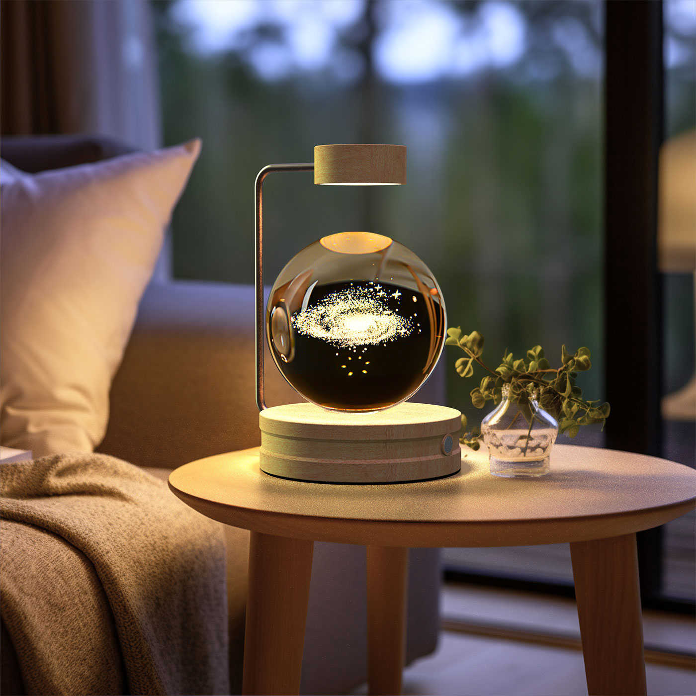 Decorative lamp on a small table in a cozy living room setting