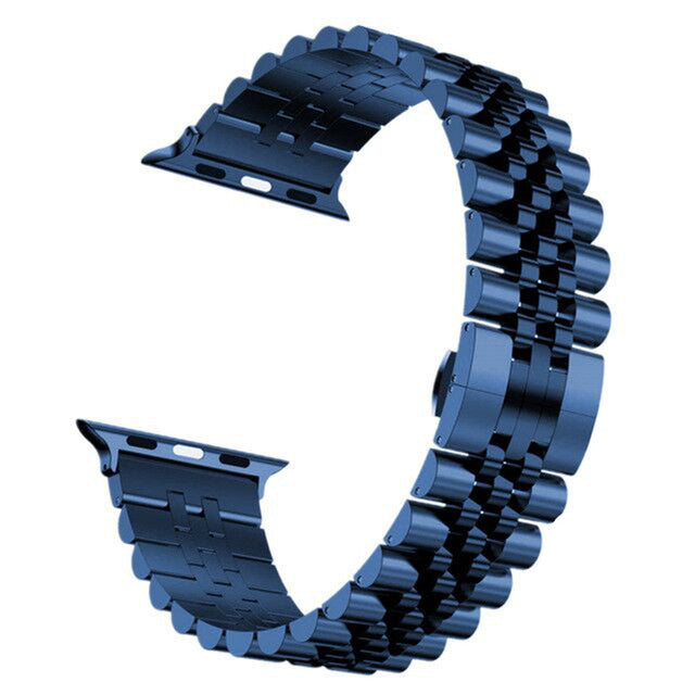 Blue metal watch strap on a white background