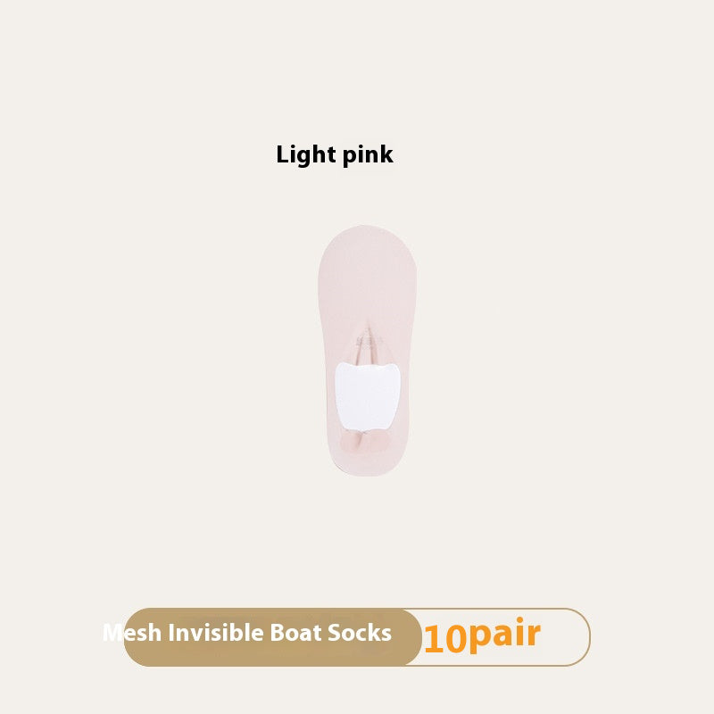 Light pink invisible boat sock on a white background with text indicating '10pair' and 'Mesh Invisible Boat Socks'.