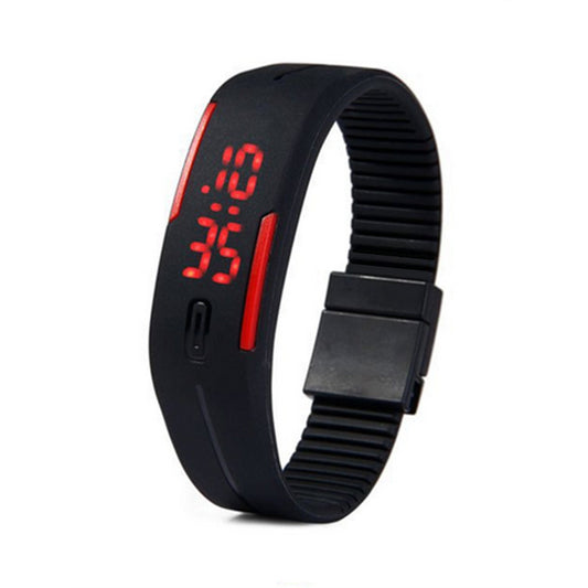 Black digital watch with red display on a white background