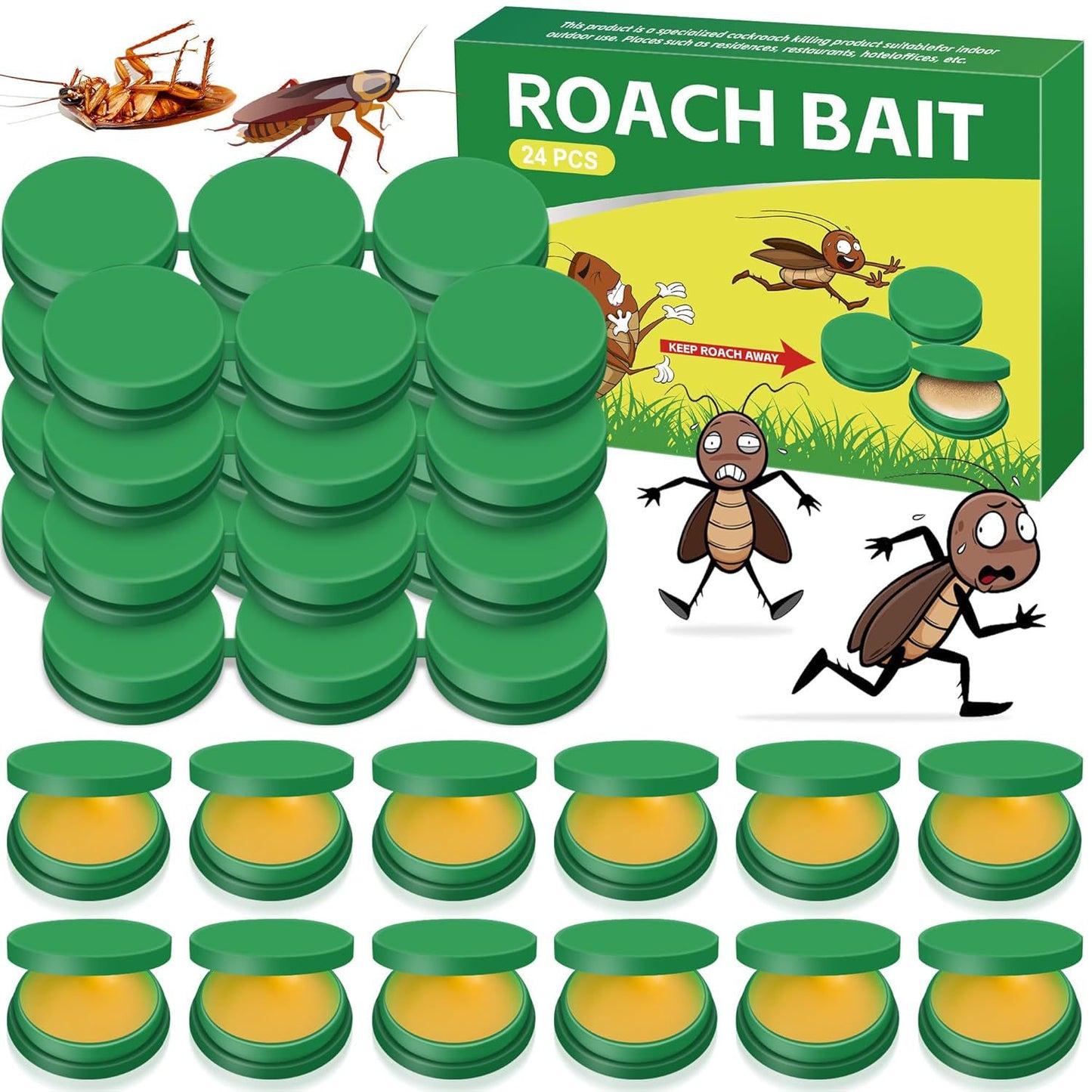 Stack of green roach bait stations with a box in the background