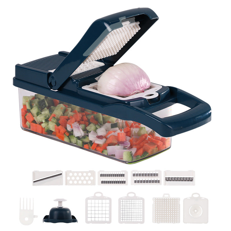 Vegetable chopper with detachable parts on a white background