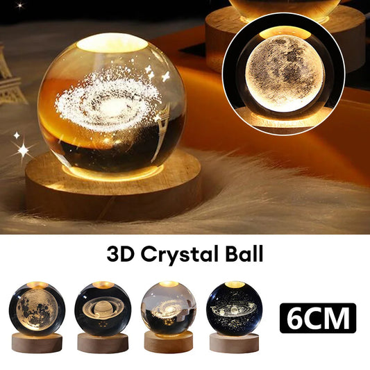 3D Crystal Ball with wooden base on a dark background