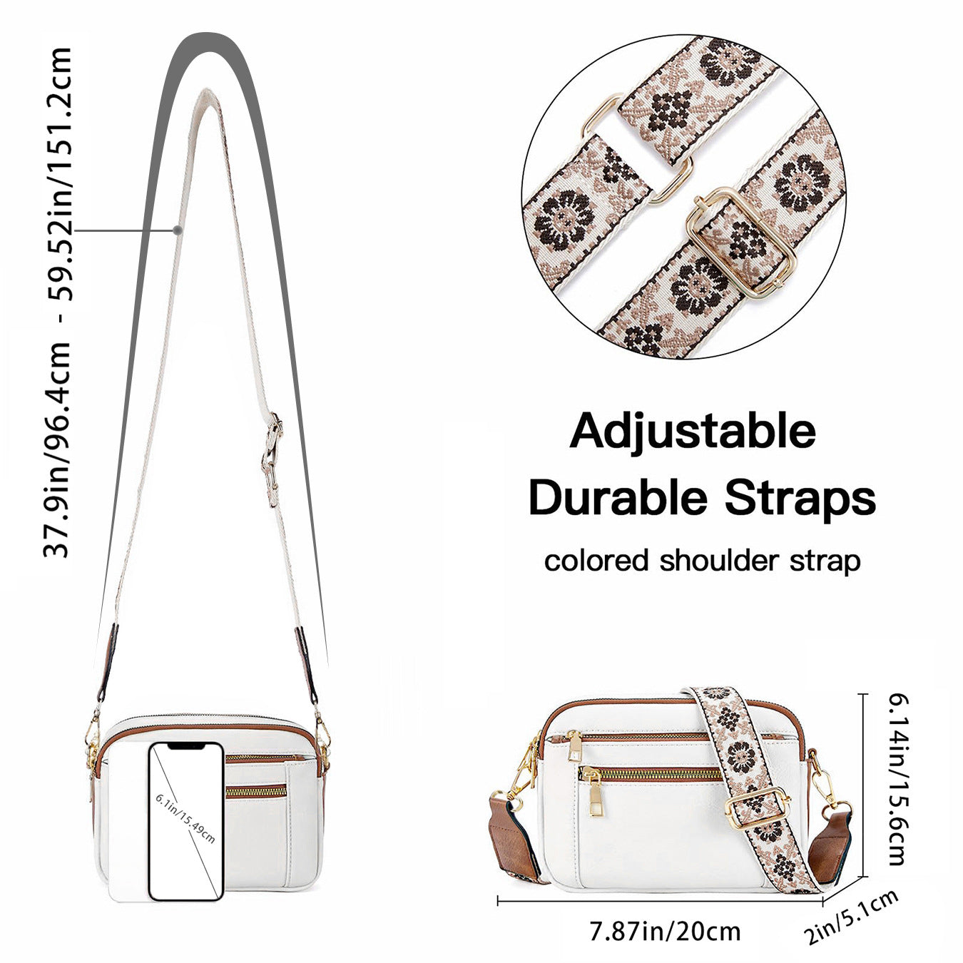 Floral Embroidered Crossbody Bag - Triple-Zip Colorblock Shoulder Bag for Women