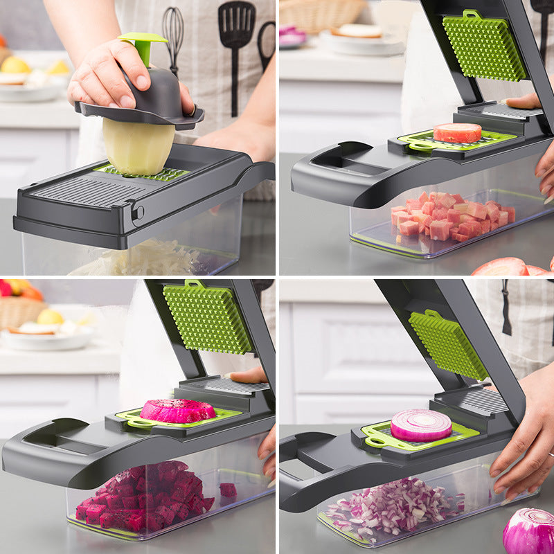 Multifunctional kitchen slicer with various food items being sliced.