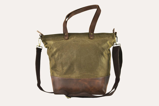 Green and brown tote bag on a light gray background