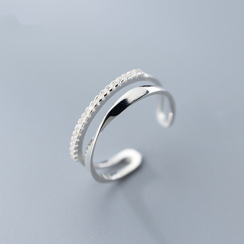S925 Sterling Silver Twisted Double Row Ring – Adjustable Open Band | Korean Style Women's Jewelry