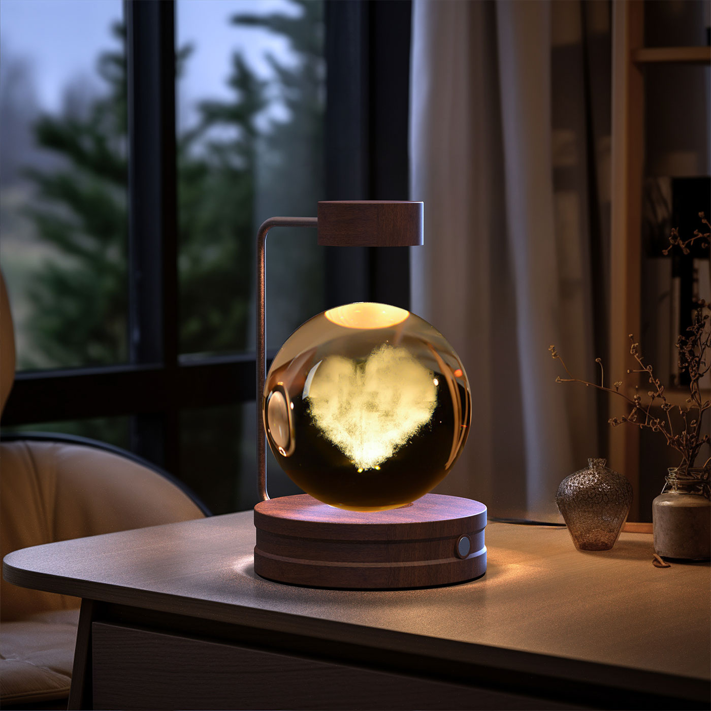 Decorative lamp with a glowing interior on a table in a room with a window and plants.