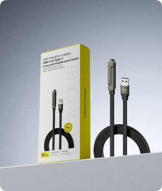 USB cable with adapter and packaging on a gradient gray background