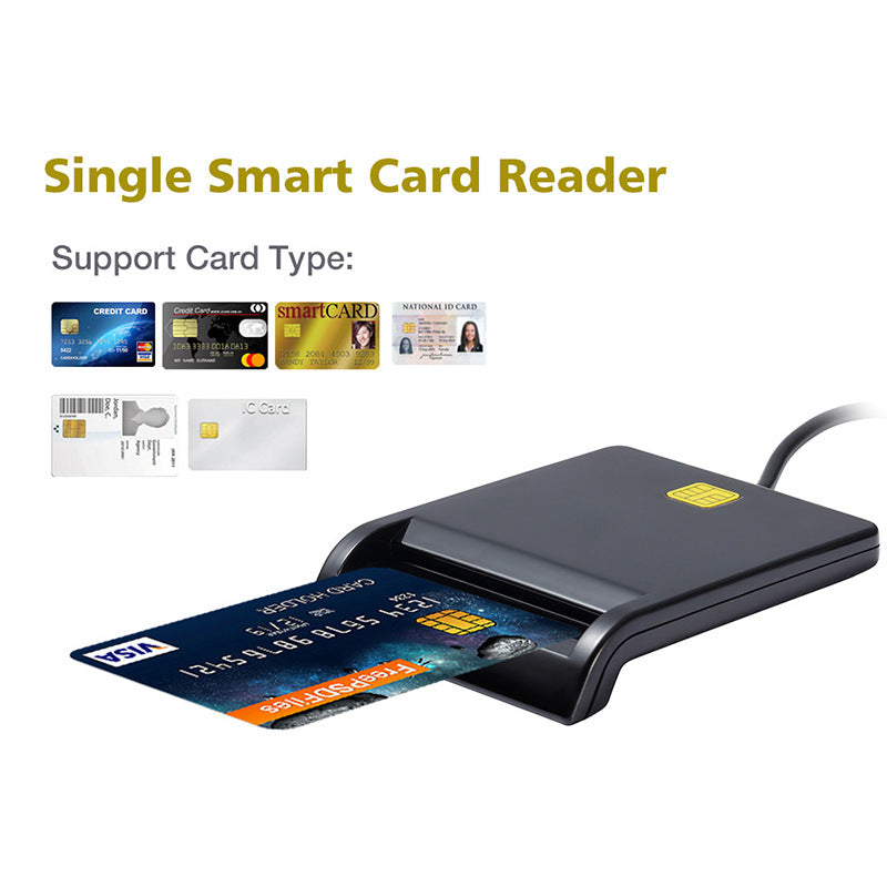 Single smart card reader with various cards on a white background