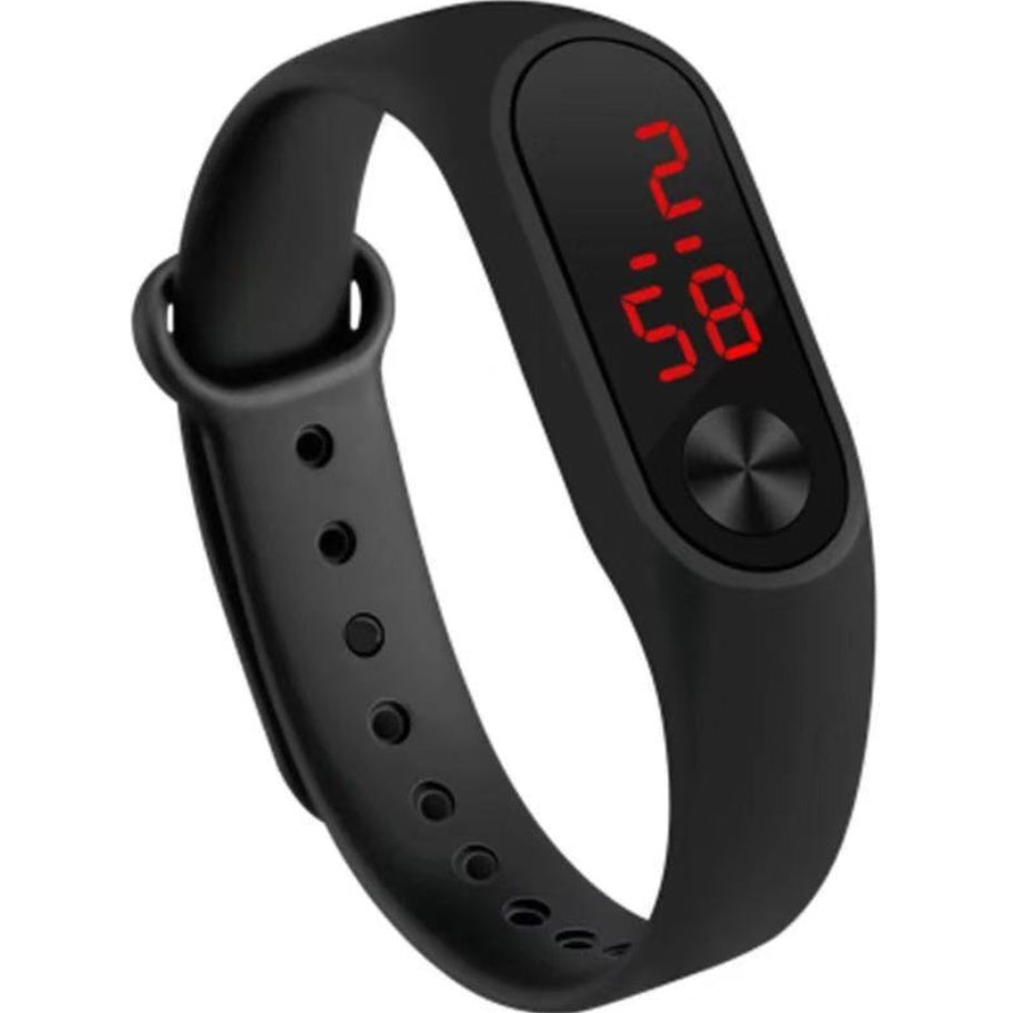 Black digital wristband with red LED display on a white background