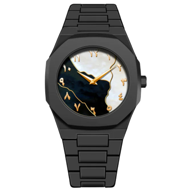 Black wristwatch with a unique face design on a white background