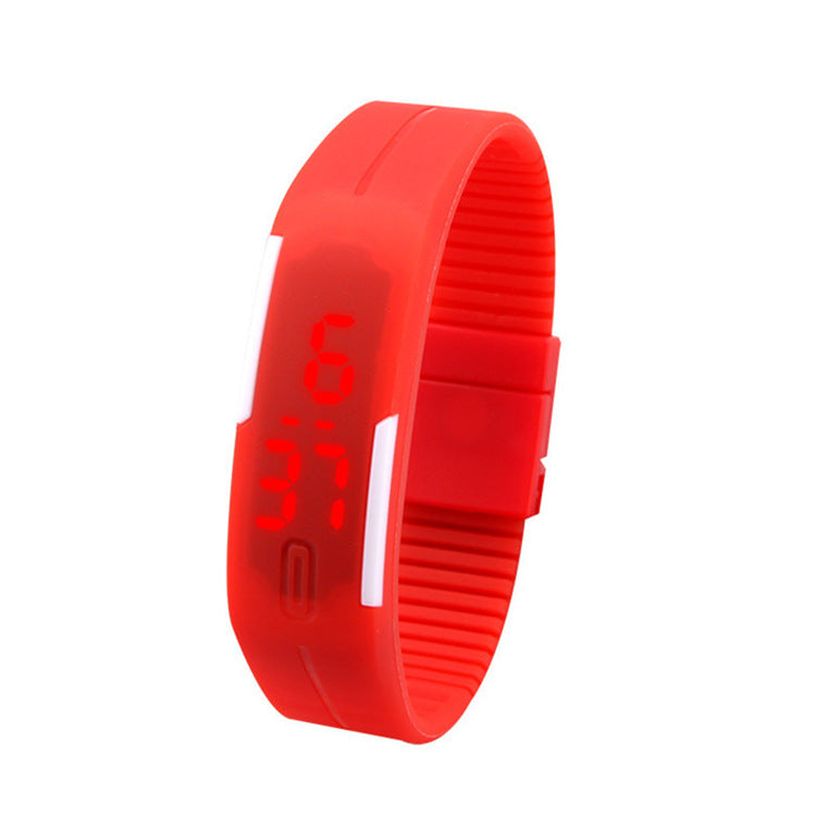 Red digital watch with a white background