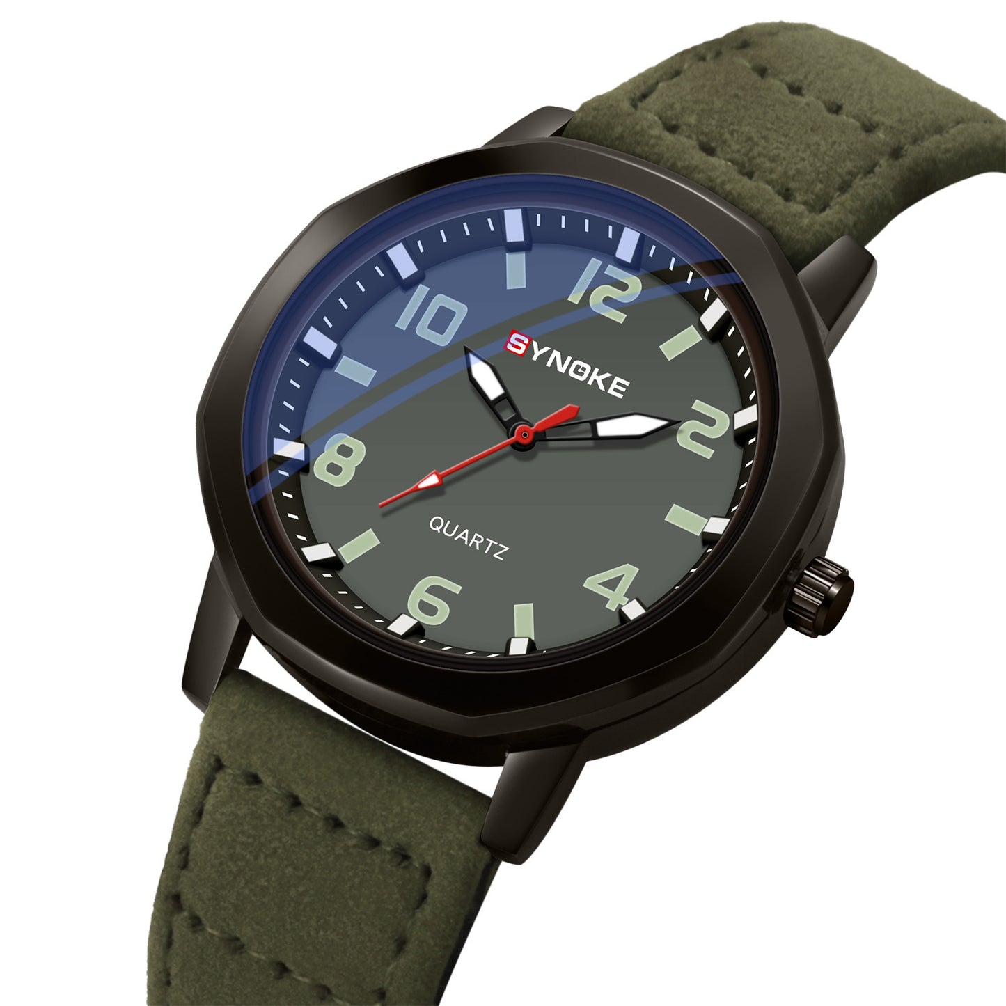Watch with green strap and dark face on a white background