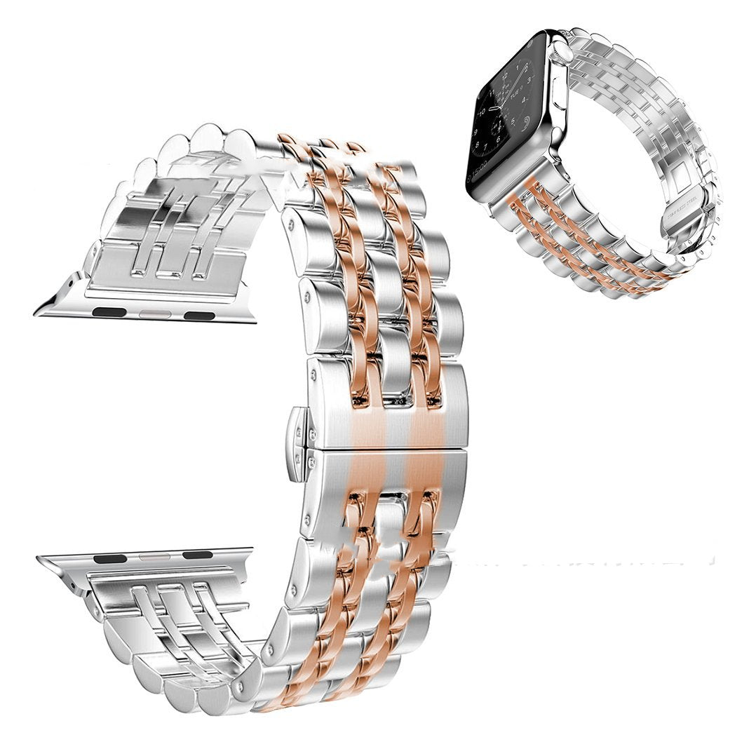 Two metallic watch bands, one silver and one rose gold, on a white background.