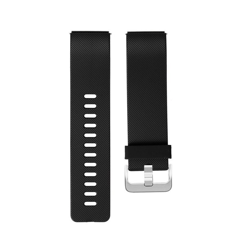 Black watch strap with silver buckle on a white background