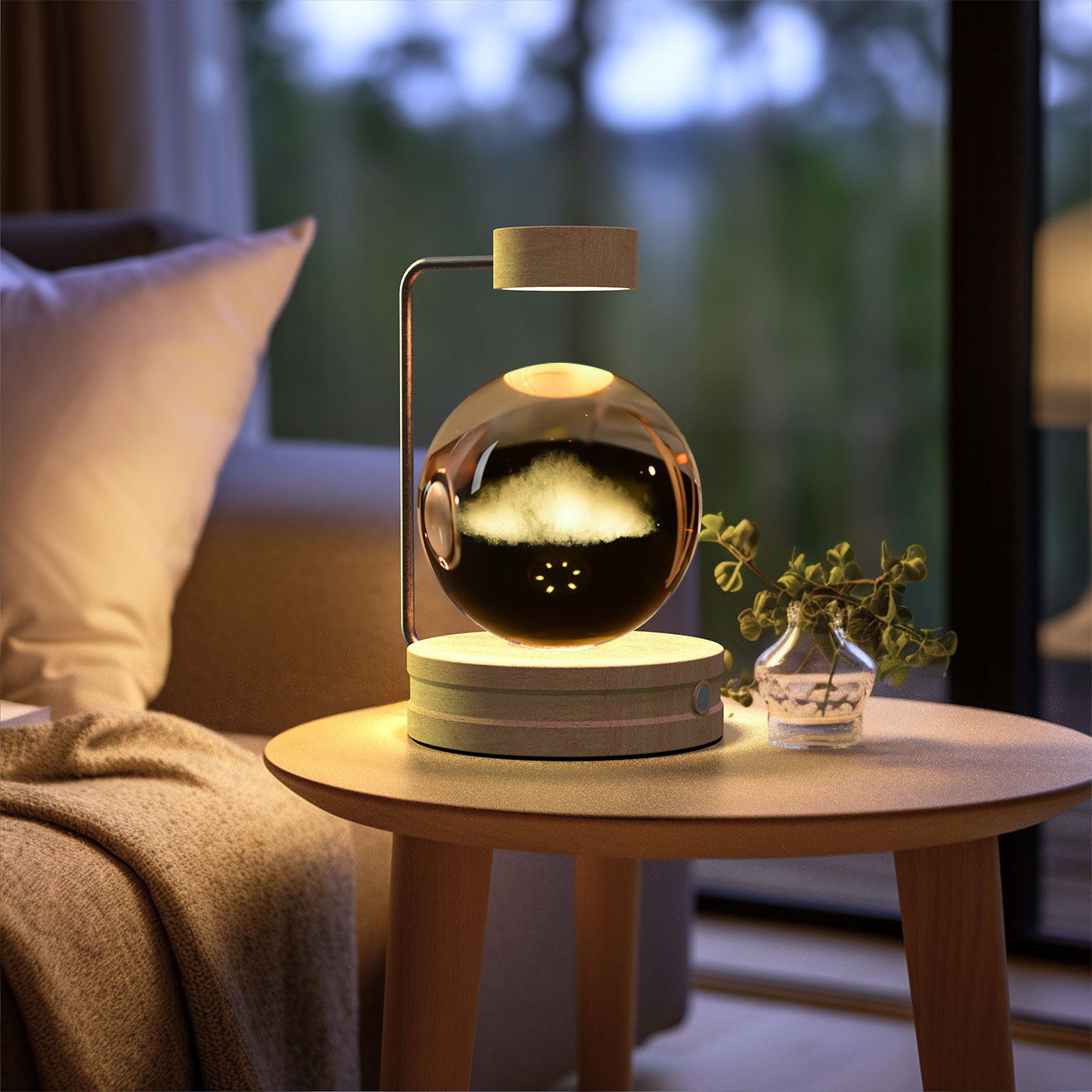 Modern lamp on a wooden table with a blurred background