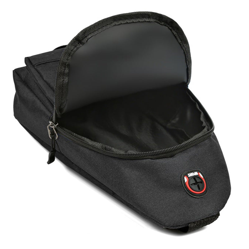 Black motorcycle saddle bag with a brand logo on a white background