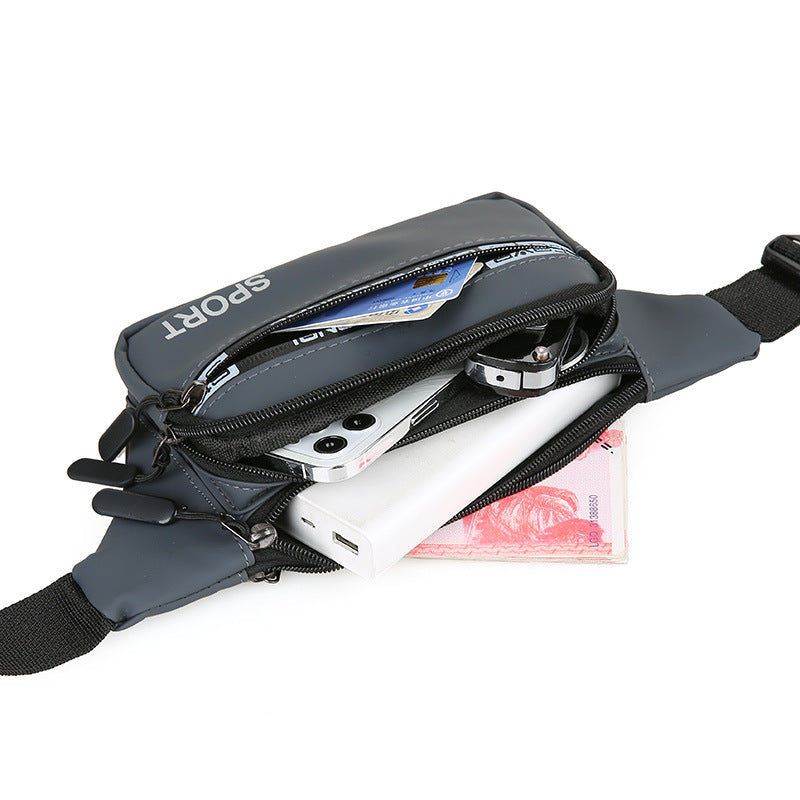 Gray waist bag with phone, money, and cards on a white background