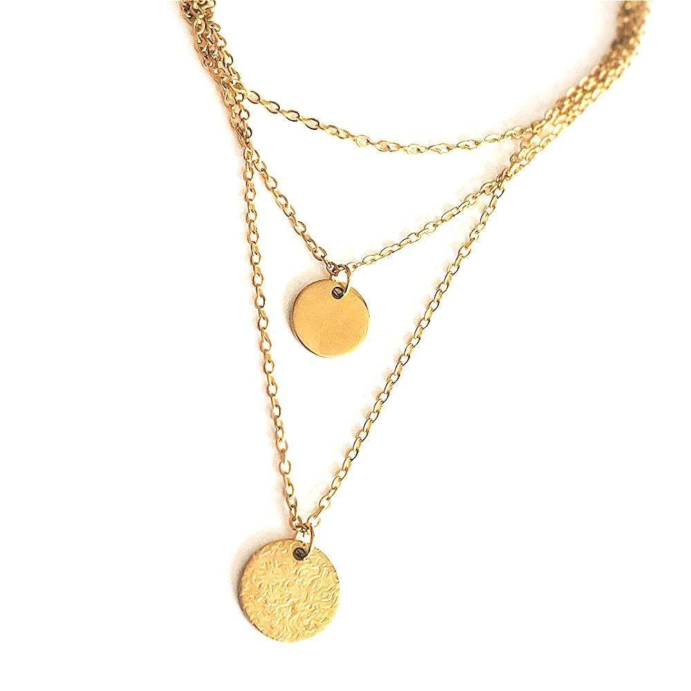 Two gold necklaces with round pendants on a white background