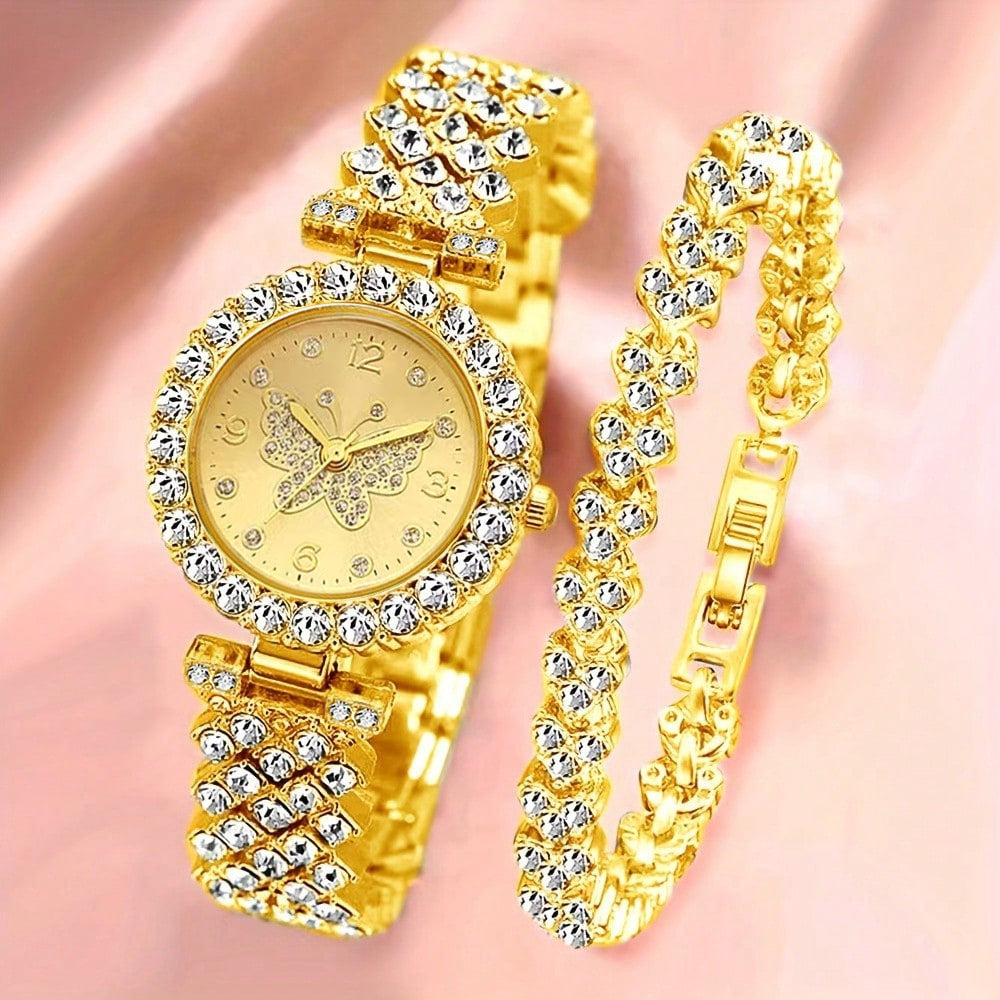 Women's Watch & Bracelet Set - Diamond-Encrusted