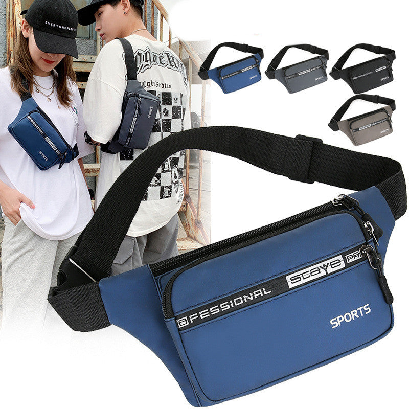 Blue waist bag with 'Professional Sports' branding on a white background, with two people wearing similar bags in the background.