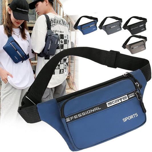 Blue waist bag with 'Professional Sports' branding on a white background, with two people wearing similar bags in the background.