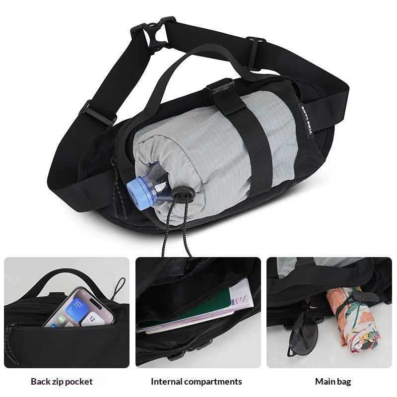 Black waist bag with compartments and a water bottle, shown from different angles on a white background.