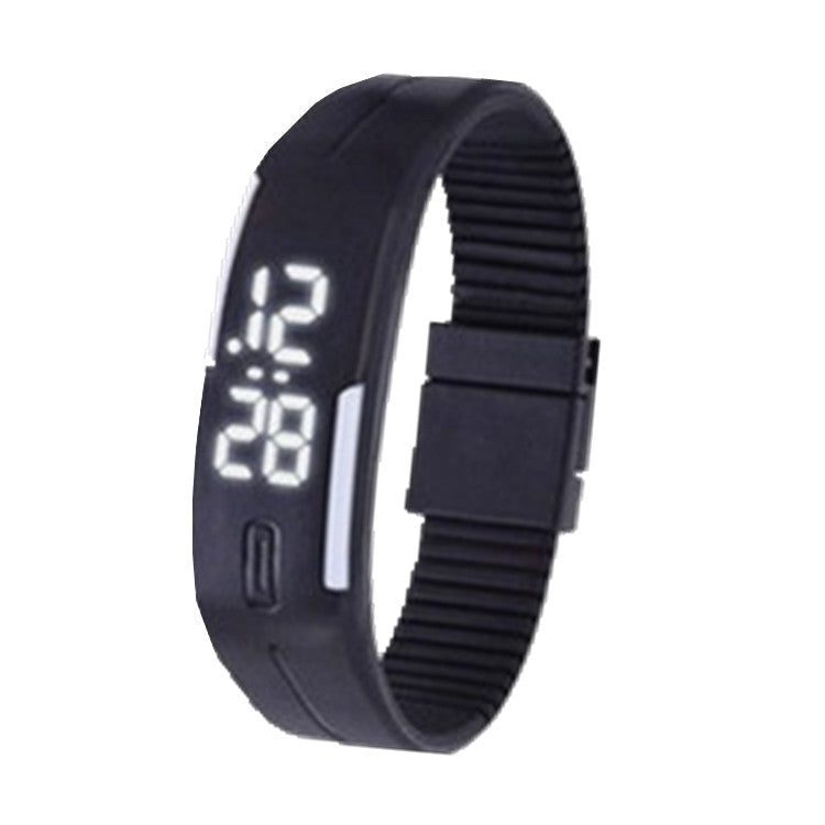 Black digital wristwatch with a white background