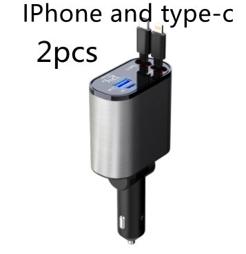 Car charger with dual USB ports and type-C connector on a white background