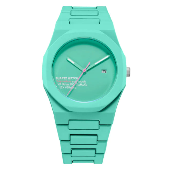 Turquoise watch with a white face on a white background