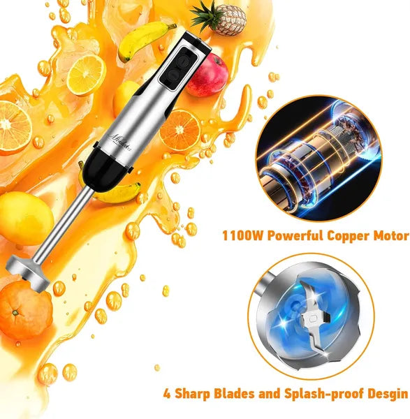 Stainless steel immersion blender with fruit and juice background, highlighting features like powerful motor and sharp blades.