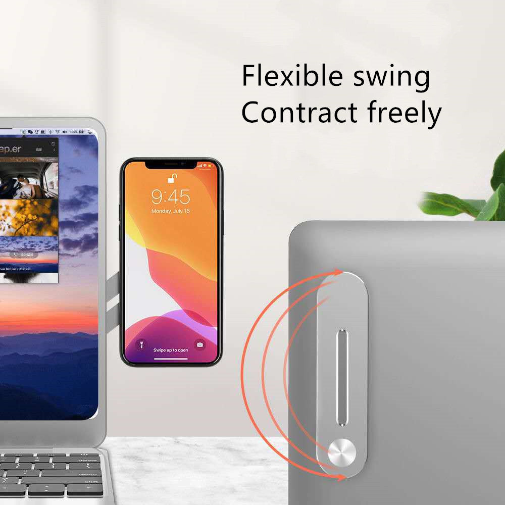 Smartphone with a flexible stand attached to a laptop on a white background