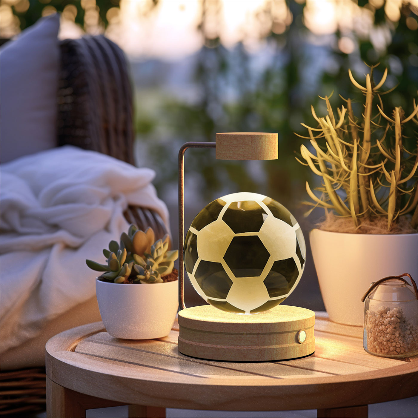 Spherical lamp with soccer ball design on a wooden table outdoors