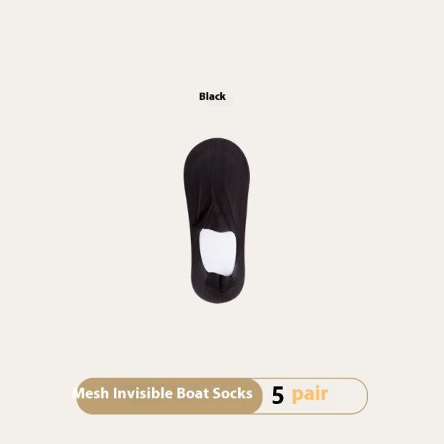 Black mesh invisible boat sock on a beige background with text indicating '5 pair' and color 'Black'.