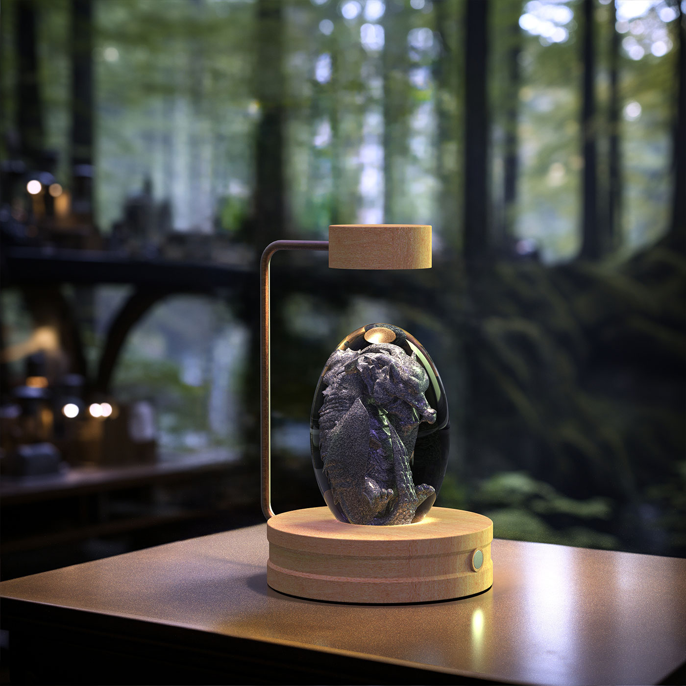 Decorative lamp with a glass cover on a wooden base in a forest setting