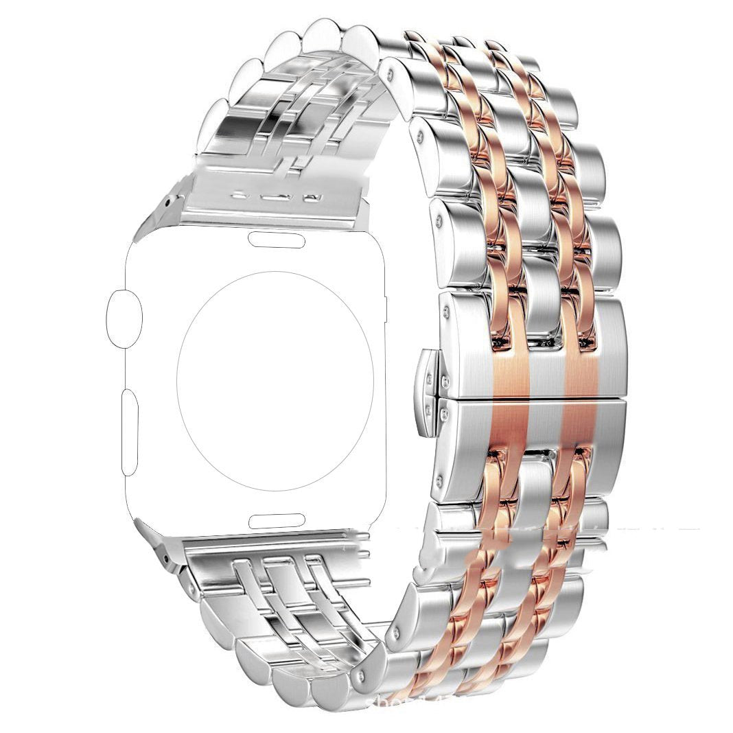 Metallic watch band with silver and rose gold design on a white background