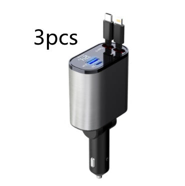 Car charger with USB ports and a small cable on a white background, labeled '3pcs'.