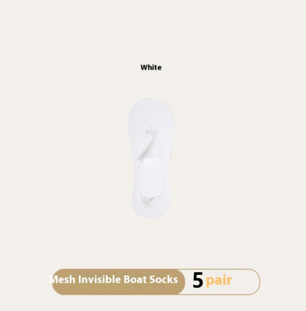 White mesh invisible boat socks on a beige background with text indicating '5 pair' and color 'White'.