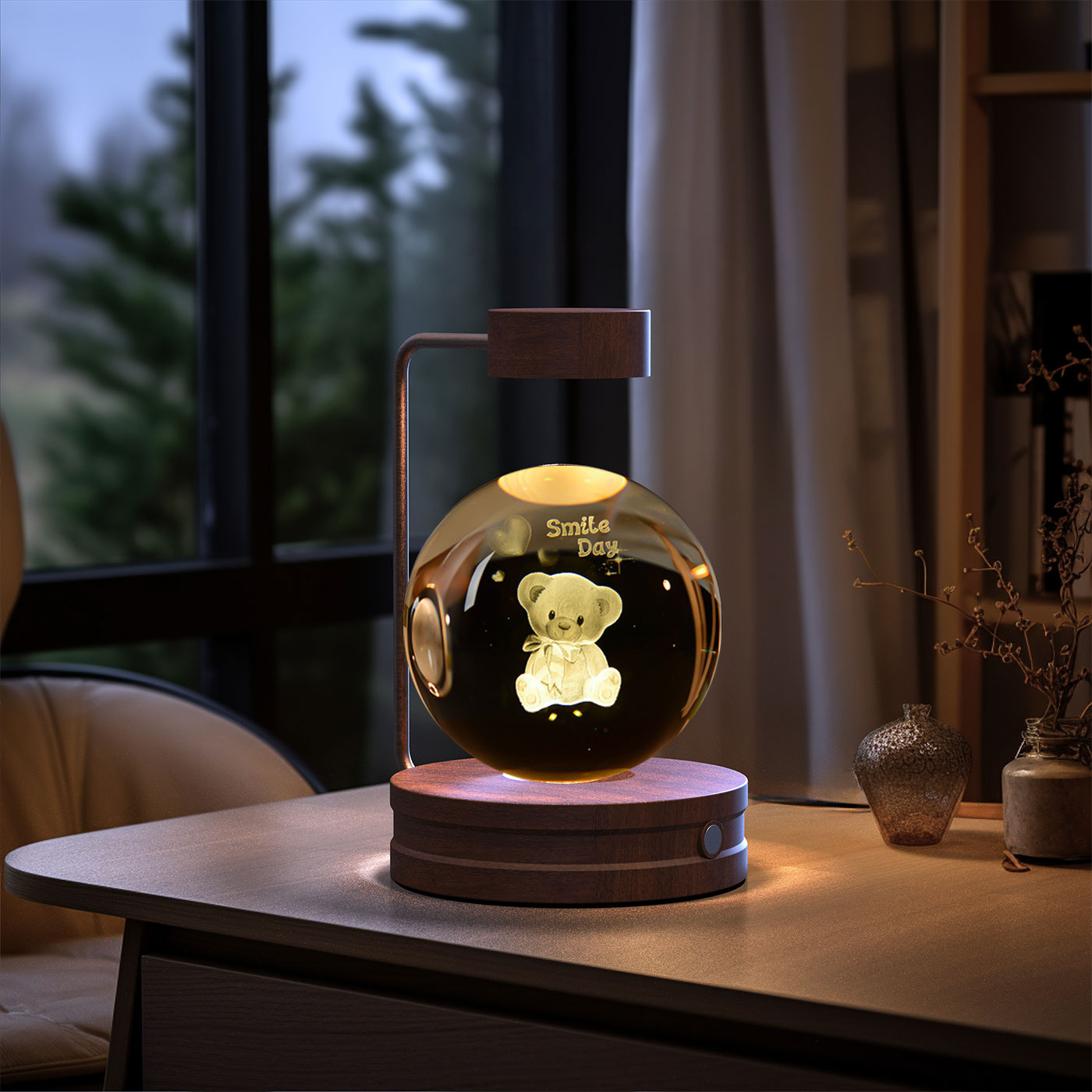 Glowing transparent sphere with a teddy bear inside on a wooden table.